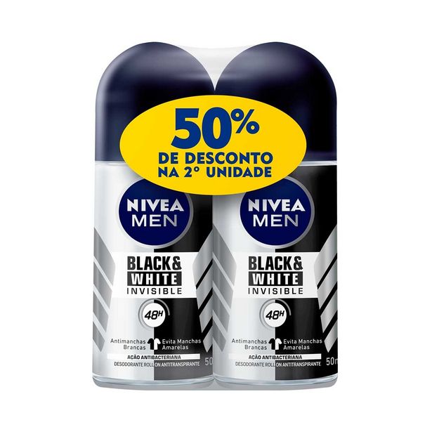 Oferta de Desodorante Roll-On Nivea Men Black & White Invisible Masculino com 2 unidades com 50ml cada por R$10,5