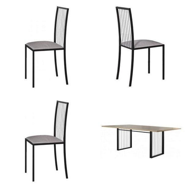 Oferta de Conjunto Mesa de Jantar Atos 4 Cadeiras Pés Metálicos Mais Decor Preto/Off White/Linho Bege por R$1399,8