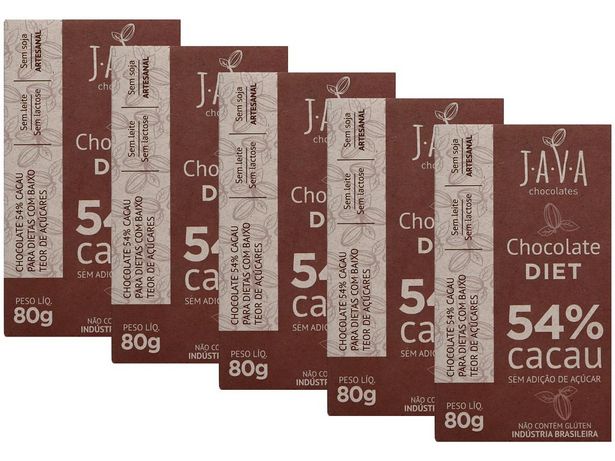 Oferta de Kit 5 Chocolate 54% Cacau Diet Vegano Sem Glúten 80g Java por R$104,9