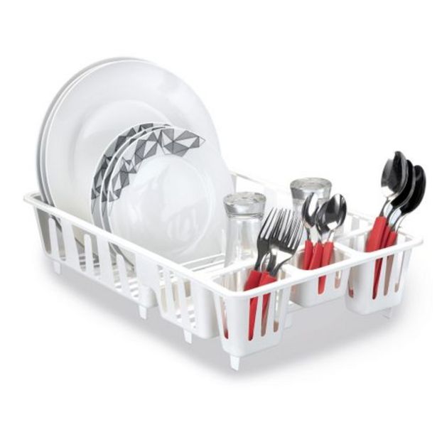 Oferta de Escorredor de pratos com porta copos e talheres plástico branco Plast Show por R$19,99