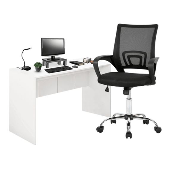 Oferta de Combo Office - Mesa para Computador 136cm Branco Fosco e Cadeira De Escritório Executive Cromada Giratória Multilaser - EI075K por R$839,99