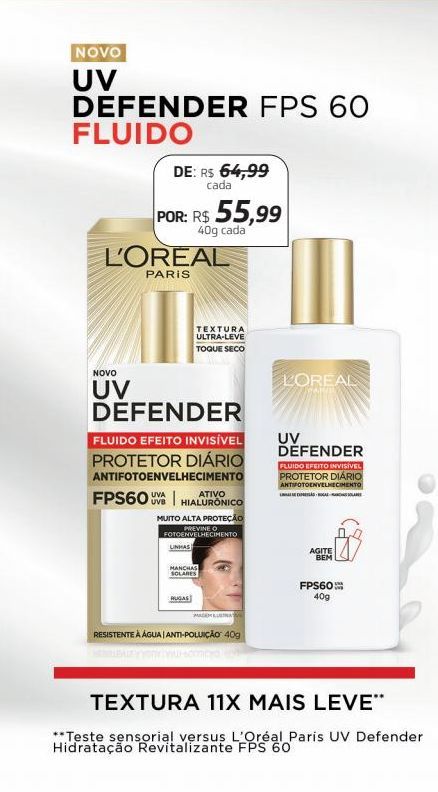 Oferta de Protetor solar L'Oréal UV Defender FPS 60 Fluido 40g por R$55,99